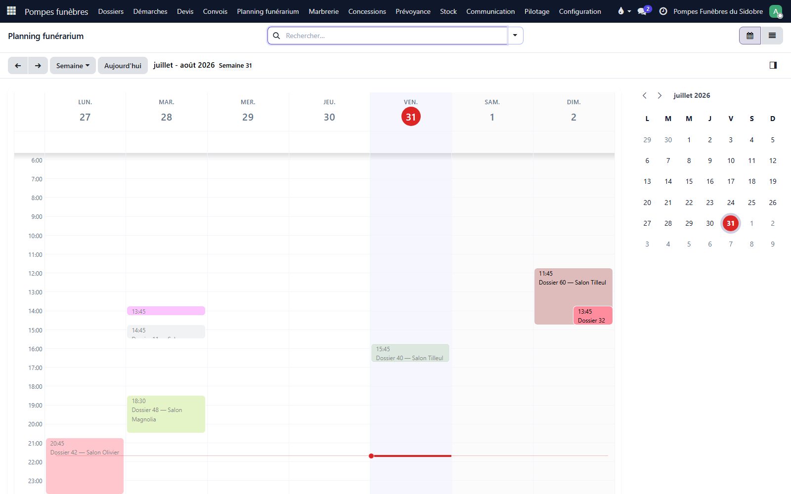 Logiciel funéraire — écran Planning funérarium